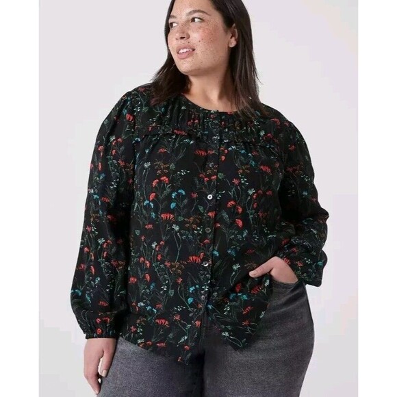 Lane Bryant Black Floral Button Up Flounce Prairie Top Cottagecore Ruffle 34/36 - Picture 1 of 14